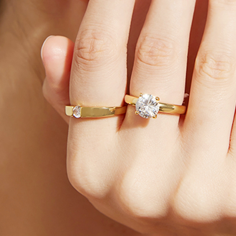 跨境镀18k真金镶钻2只套装戒指高级感轻奢素圈指环镶嵌锆石戒指女