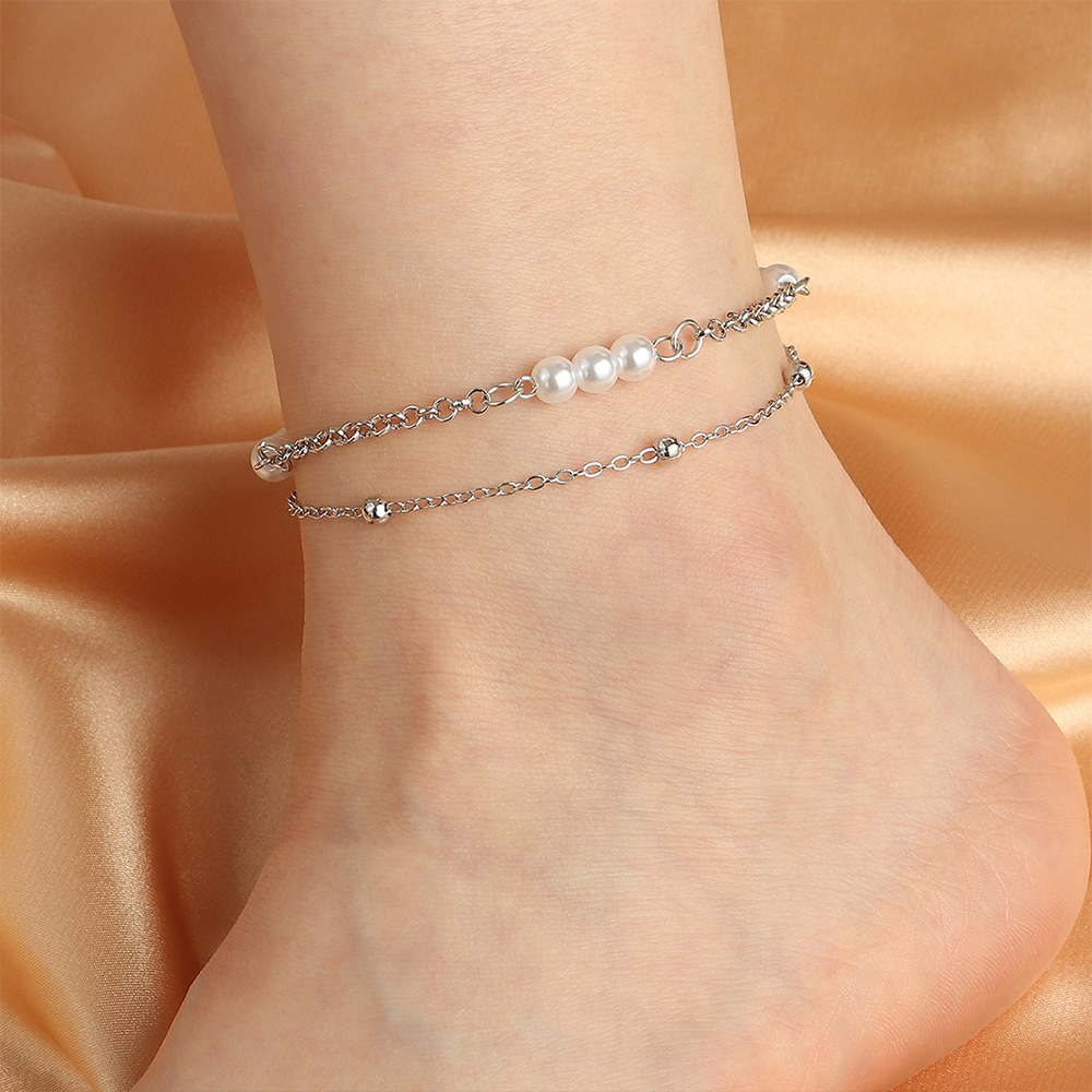 Cross-Border European and American Fashion Double-Layer Pearl Anklet Personality Simple Mori Style Ornament for Women