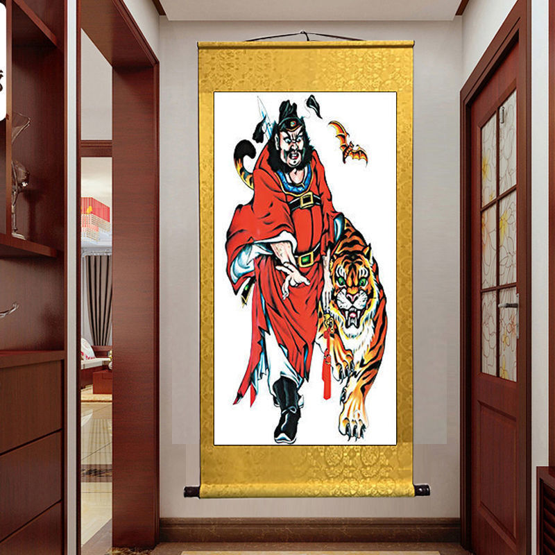 钟馗招财镇宅风水画像丝绸挂画玄关客厅门神赐福装饰卷轴画可