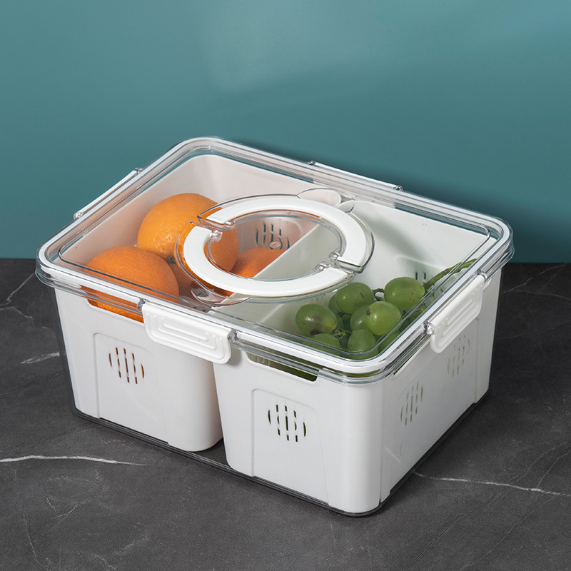 Food Storage Box Transparent Compartment Crisper Portable Food Storage Box Refrigerator Kitchen Fruits and Vegetables Drain Box