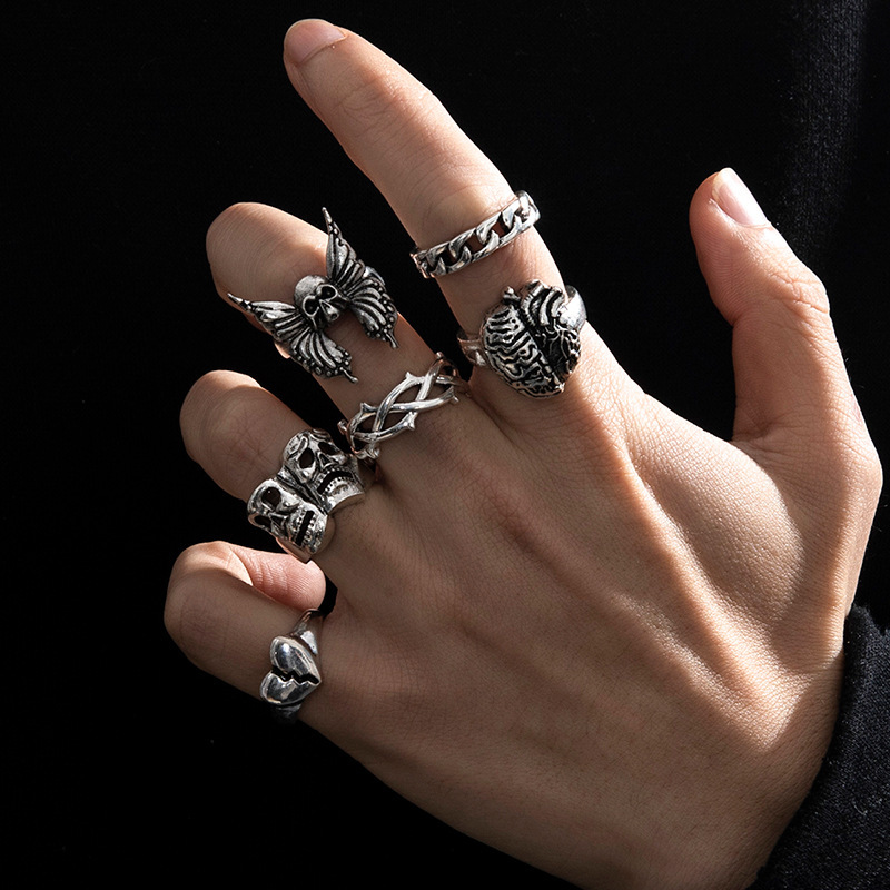 Heavy Metal Dark Style Hip-Hop Fashion Ring Men's Retro Distressed Bat Skull Snake Ring Set Ring Set
