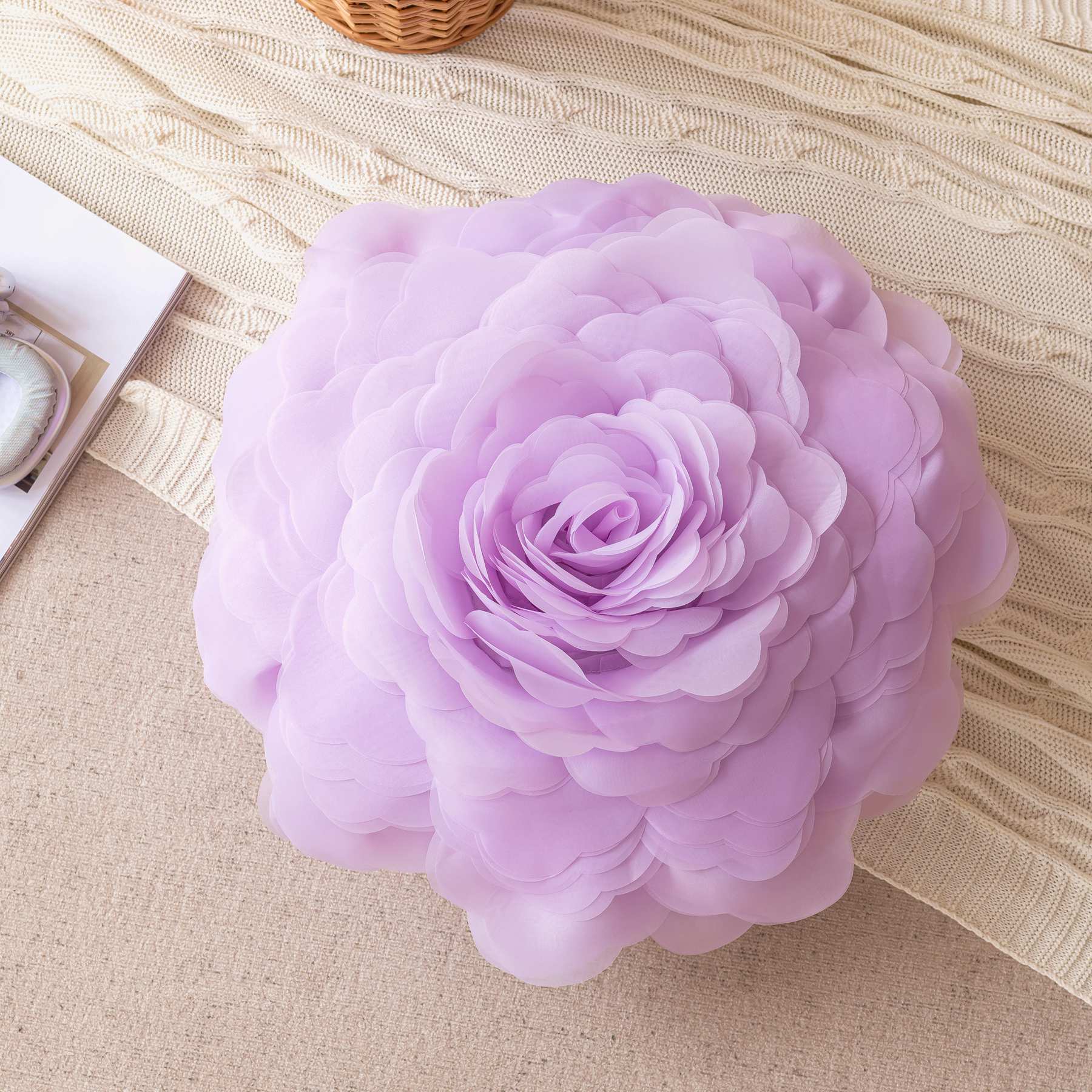 Princess Style Three-Dimensional Tulle Flower-Pattern Throw Pillow Ins Style Bedroom Bedside and Sofa Cushion Bay Window Peony Flower Throw Pillowcase