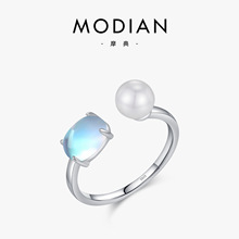 MODIAN摩典S925纯银法式施家水晶珍珠戒指女优雅月光石可调节指环