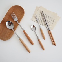 不锈钢刀叉勺套装日式简约木柄餐具西餐刀叉咖啡勺甜品勺批发
