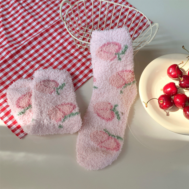 Coral Fleece Socks Female Fruit Mousse Tide Female Middle Tube Socks Winter Thickened Velvet Padded Home Confinement Sleeping Socks