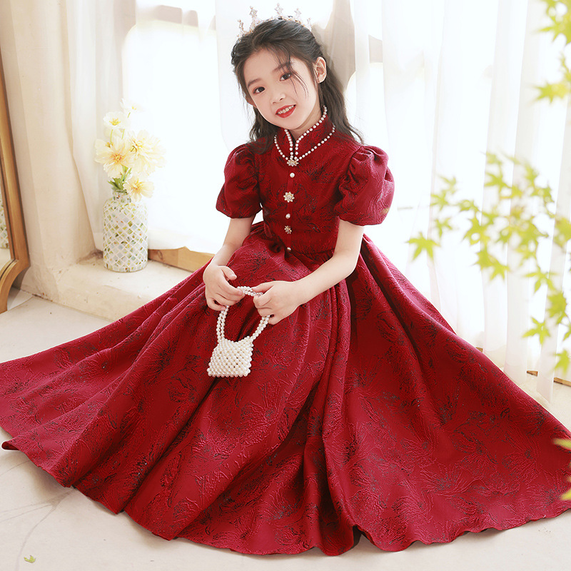 红色儿童晚礼服女童高端公主裙春季花童婚礼小女孩生日钢琴演出服