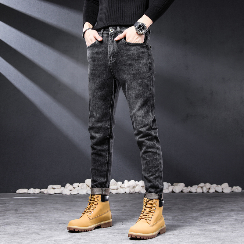 男士裤子简约外贸卷边裤脚潮流水洗长裤欧美弹力牛仔裤男a210