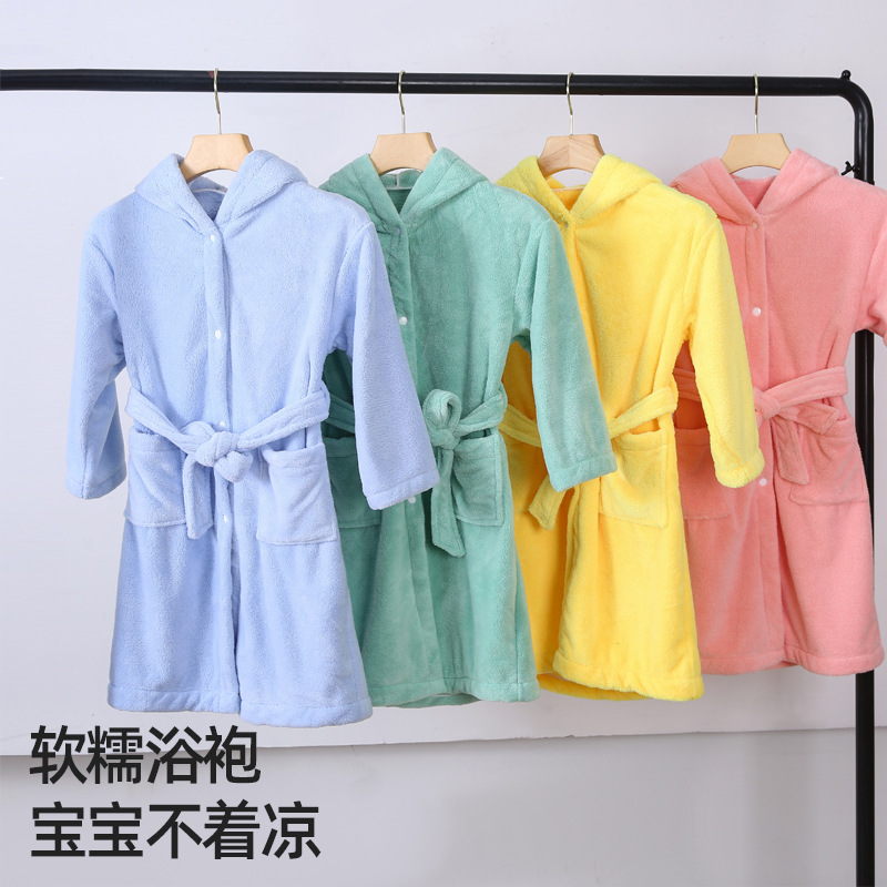 儿童珊瑚绒浴袍斗篷浴巾柔软带帽男女可爱秋冬浴衣吸水保暖