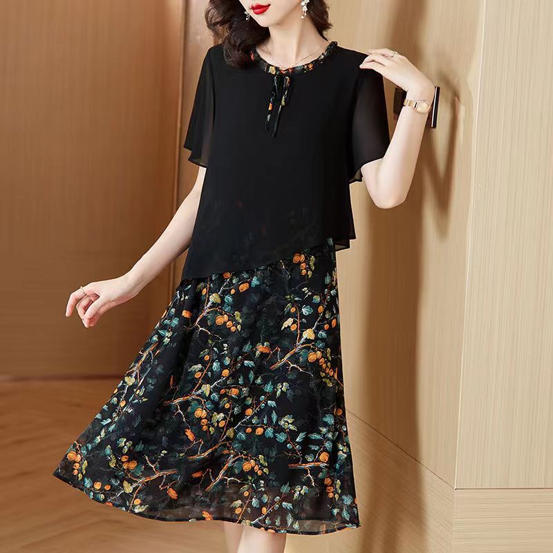 夏季韩版设计感气质碎花假两件裙子雪纺大码胖妹妹显瘦系带连衣裙