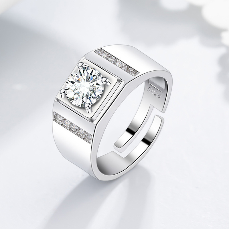 网红直播镀铂金男士戒指莫桑石仿真钻戒欧美开口个性指环现货批发-阿