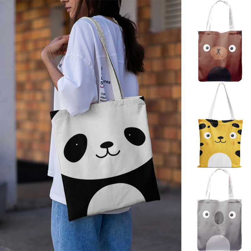 可爱熊猫图案女单肩包购物袋新款大容量女包帆布包印花卡通布包