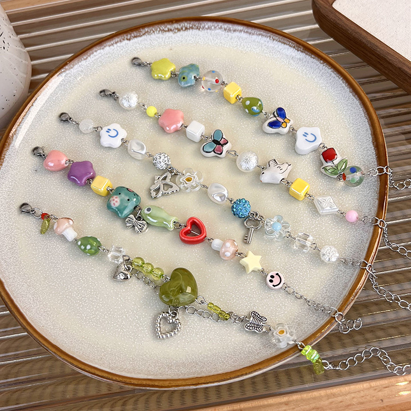 Cartoon Cute Colorful Ceramic Stitching Butterfly Bracelet Female Summer Ins Special-Interest Design Girlfriends Lovely Smiley Bracelet
