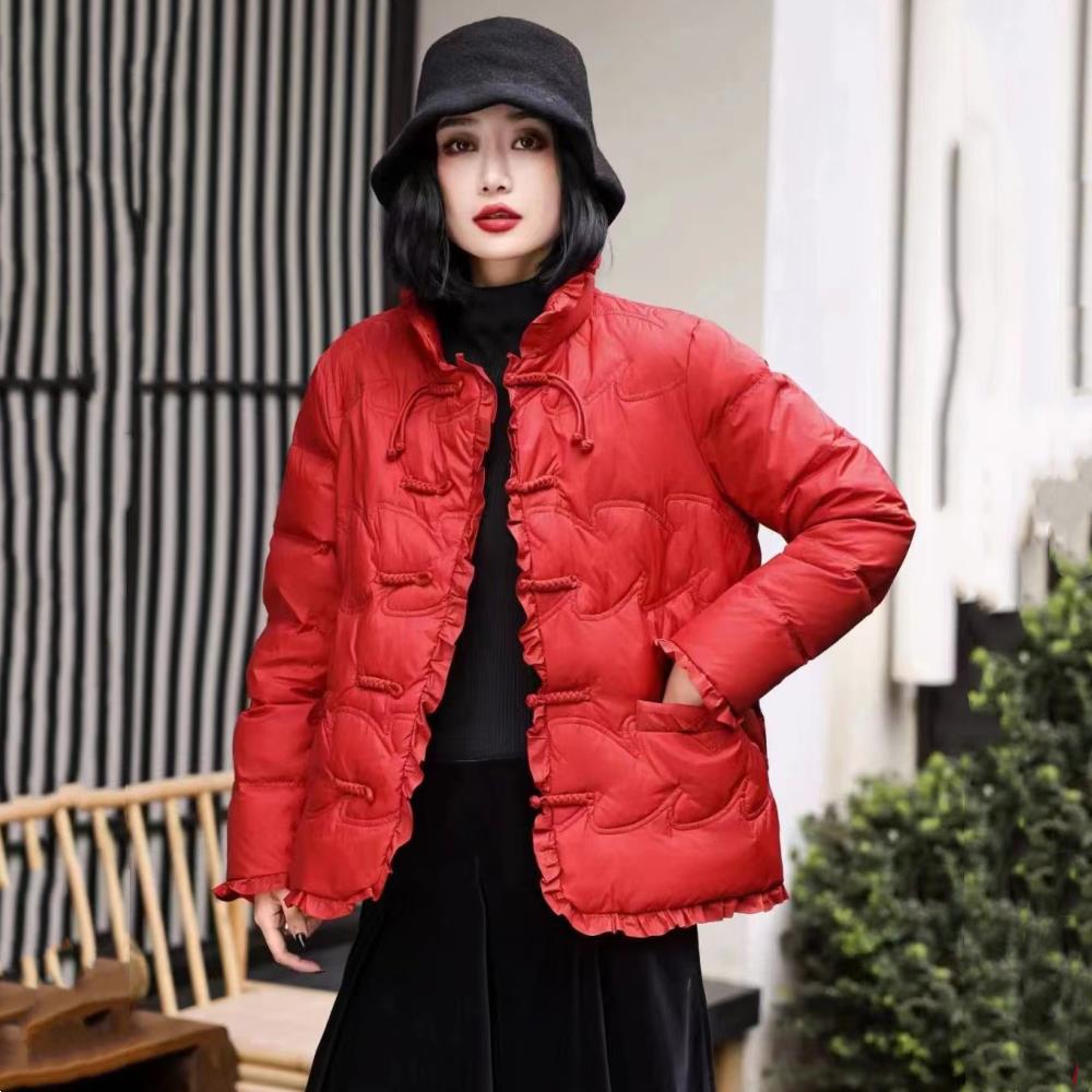 文艺纯色花边拼接羽绒服2024冬季立领盘扣白鸭绒女士短款轻薄外套