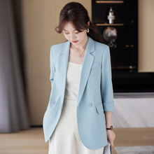 高级感蓝色西装外套女夏季薄款小个子七分袖韩版休闲大码西服上衣