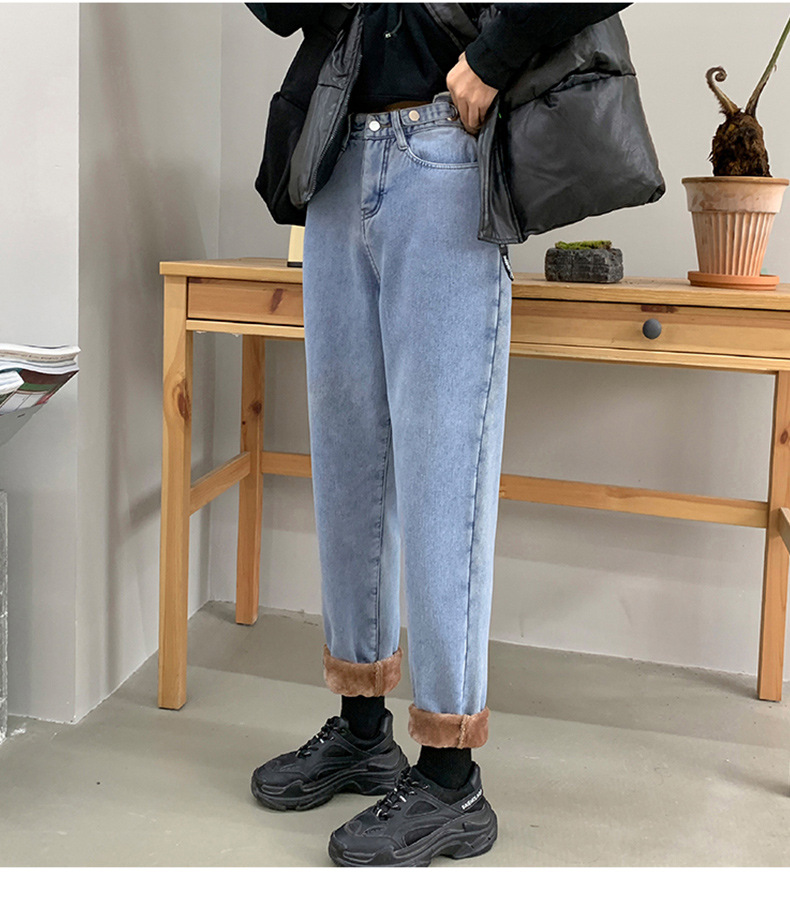 加绒牛仔裤女高腰冬季2021年新款显瘦直筒加厚萝卜老爹裤子女秋冬