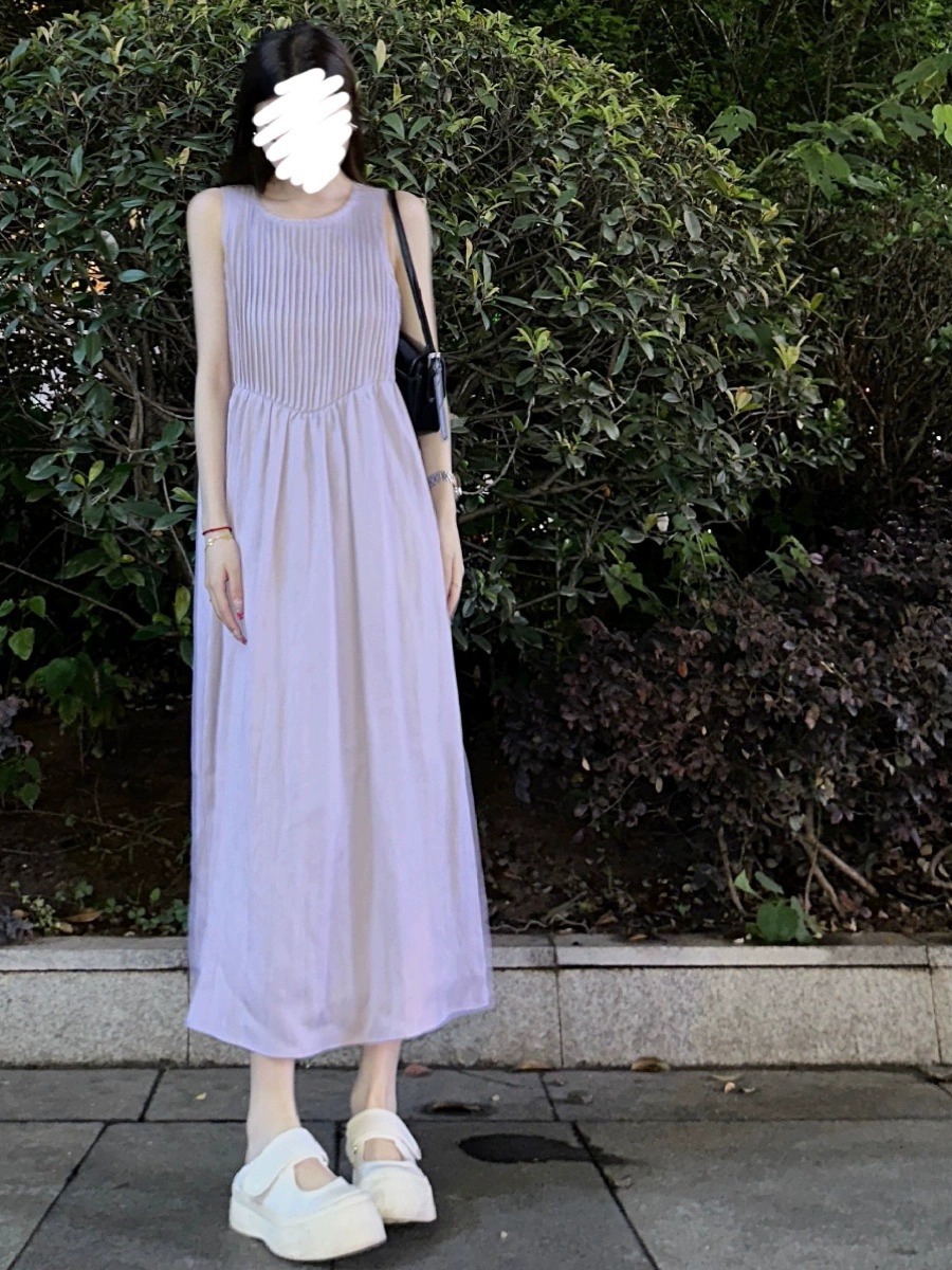 法式小香风紫色无袖连衣裙女2024夏季穿搭小个子背心长裙子-阿里巴巴