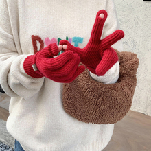 气氛红色针织手套女冬季纯色学生漏指可触屏玩手机毛线保暖长腕款