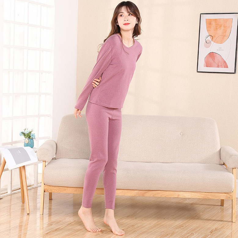 New round Neck Top Thickened, Sanded Fabric Soft Comfortable Tight Dralon Double-Sided Suit Pure Color Warm Keeping Underwear Ladies