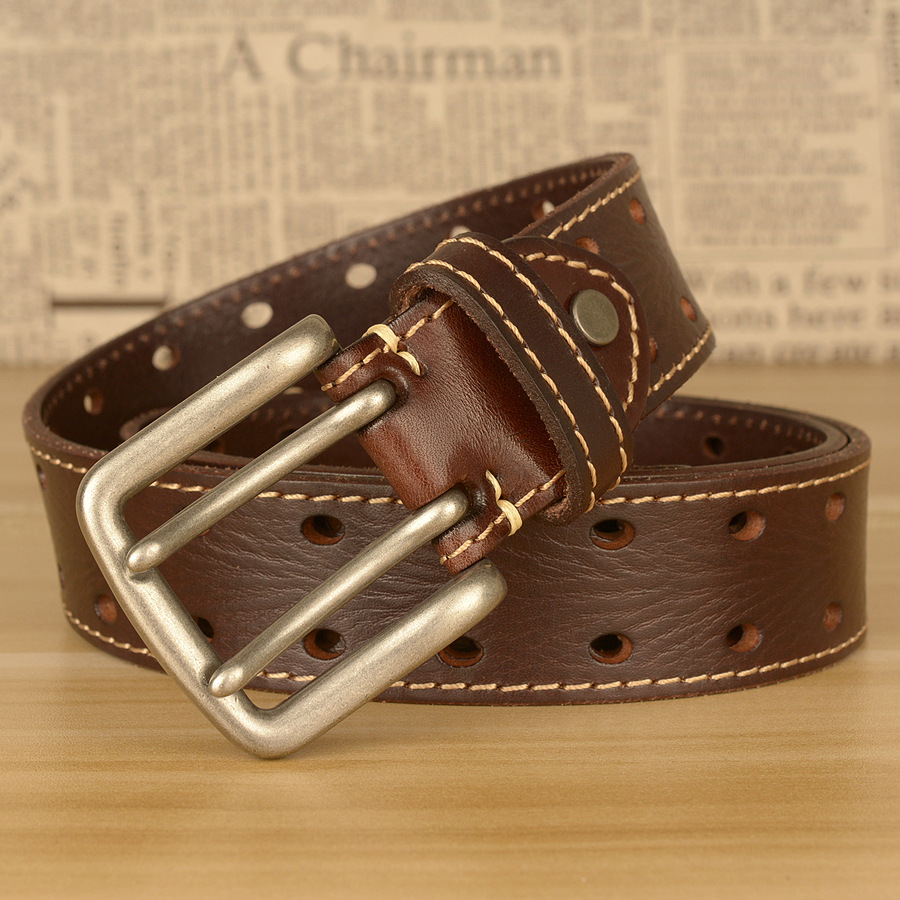 新款双针扣男士腰带头层牛皮皮带车线装饰个性镂空纯牛皮牛仔裤带