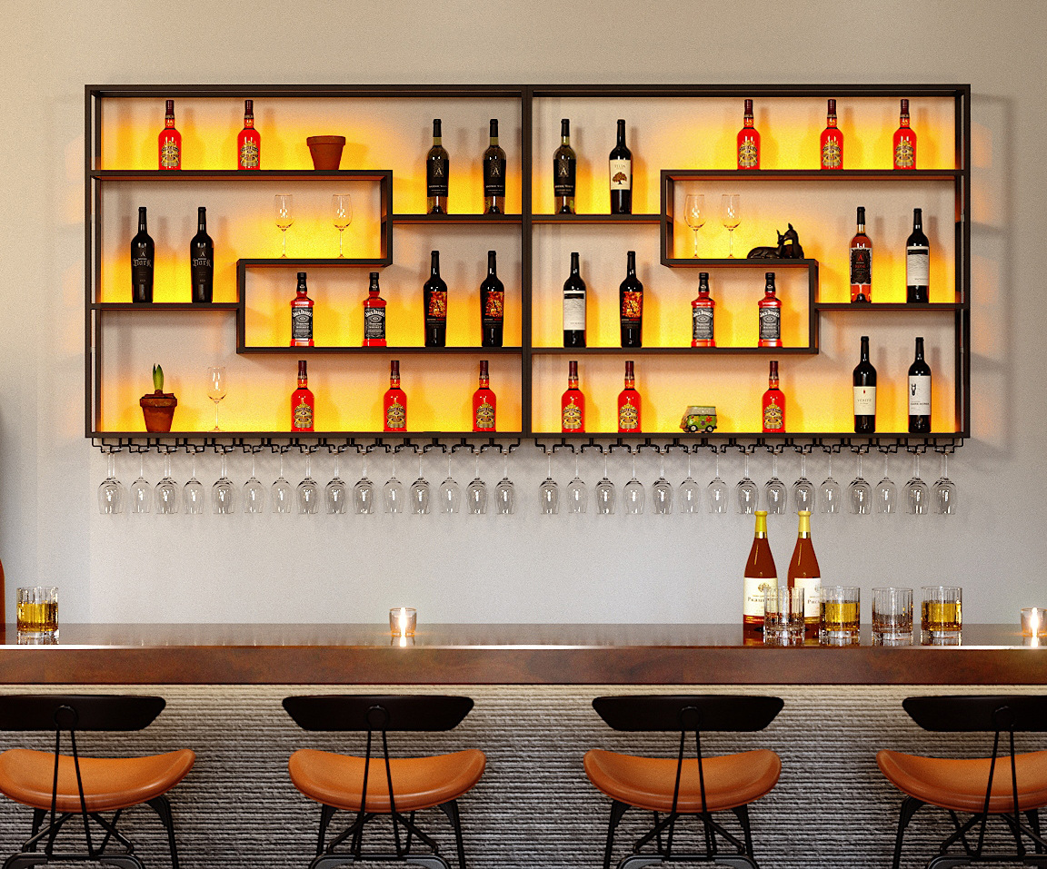 酒吧吧台铁艺酒架子餐厅酒柜背景墙上置物架展示架葡萄酒架红酒架