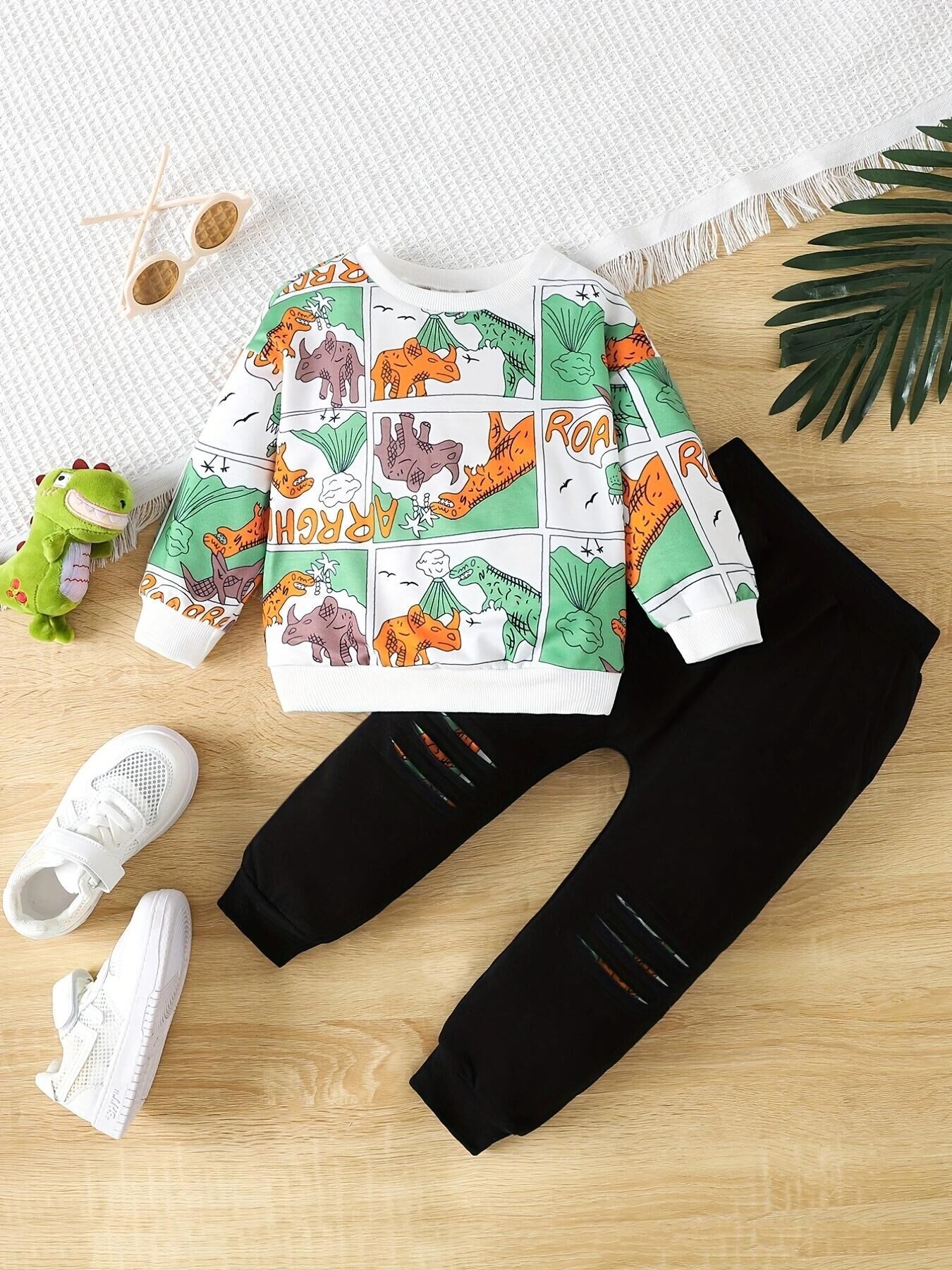 跨境ins中小童男童春秋款圆领套头卡通恐龙印花长袖上衣长裤套装