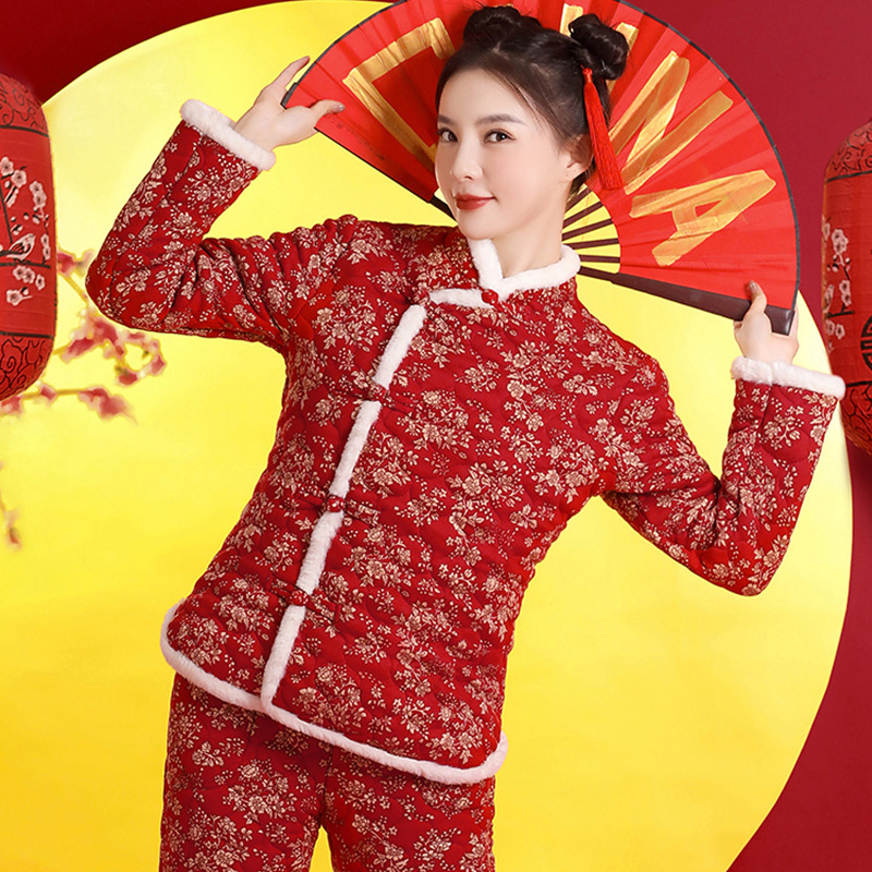 轻版棉衣棉裤套装冬款民族风棉服中国风小碎花农村花棉袄-阿里巴巴