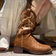 西部牛仔靴复古刺绣骑士靴女2023新款秋季中筒马丁靴粗跟长筒靴子