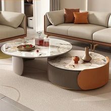 轻奢现代简约小户型圆形茶几小尺寸伸缩岩板网红客厅茶几组合家具