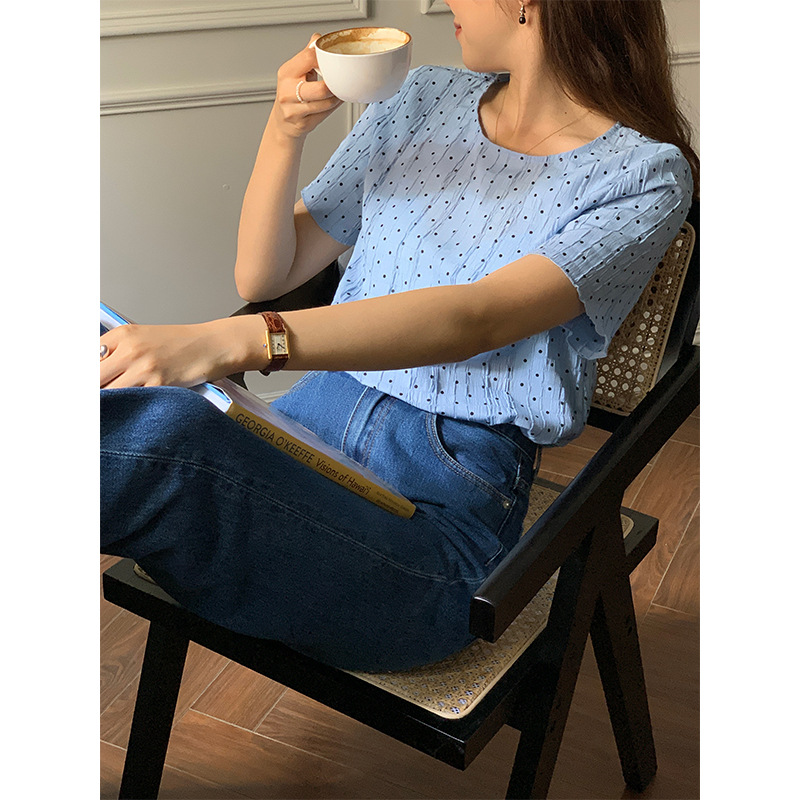 allo女装简约基础短袖t恤2022夏季新品洋气时尚波点圆领上衣21369