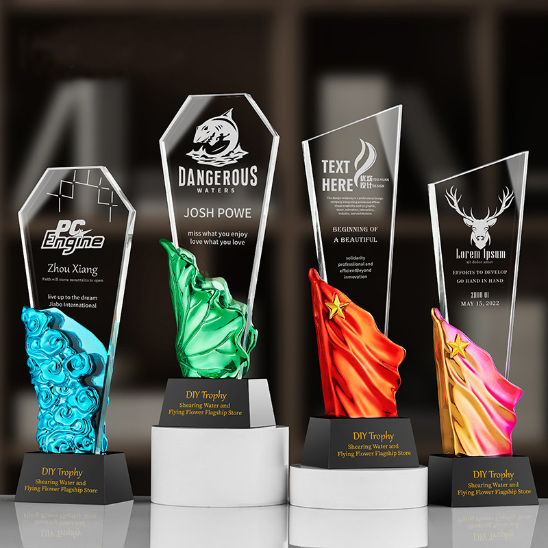 新款水晶奖杯定企业年会员工销冠奖杯制祥云红旗彩色奖牌树脂彩印