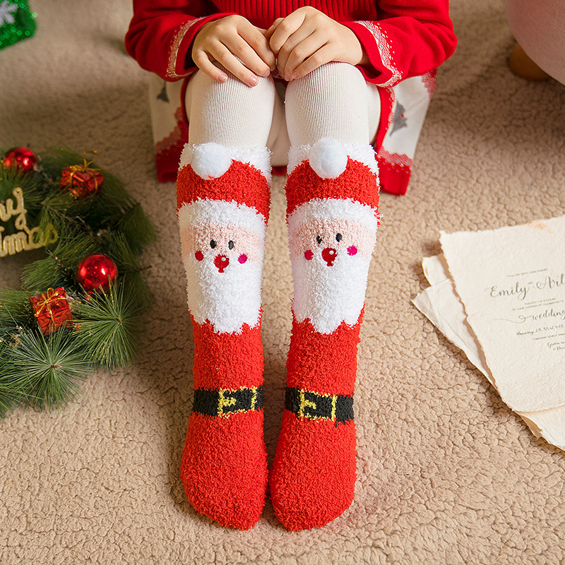 Christmas Socks Autumn and Winter Cartoon Parent-Child Christmas Socks Gift Box Coral Velvet Socks Fleece-Lined Warm Mid-Calf Floor Socks