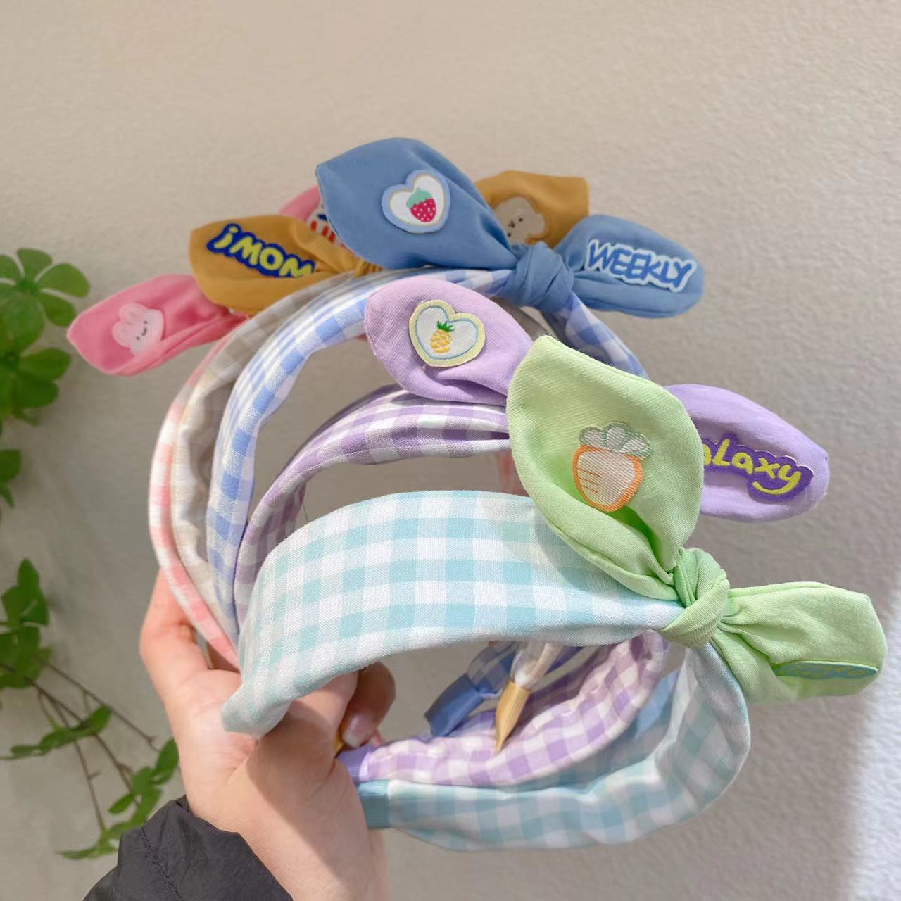 新款韩系格子儿童布艺发箍卡通兔耳朵蝴蝶结头箍宽边格纹少女头扣