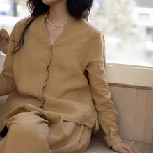 绽放【甜茶系列·黄茶】休闲文艺长袖薄款舒适防晒亚麻衬衫