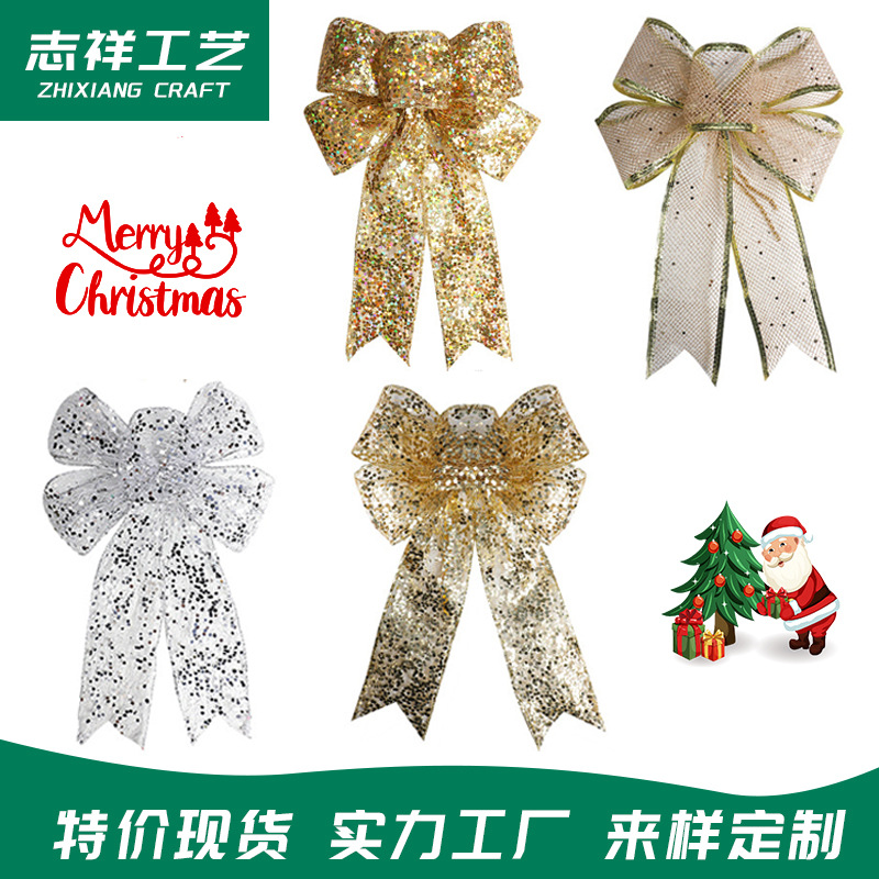 Christmas Bowknot Ribbon Mesh Finished Bow Christmas Diy Gold Sequins Decoration Braid Wholesale