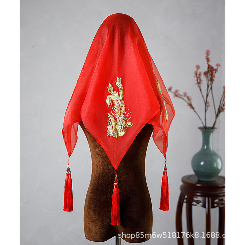 新娘红盖头秀禾服半透明蒙面头巾古典中式欧根纱红色头纱结婚喜帕