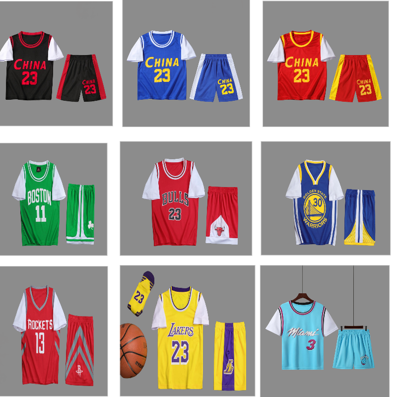 儿童七色篮球服短袖假两件球衣夏季童套装男女库里詹姆斯中小学生