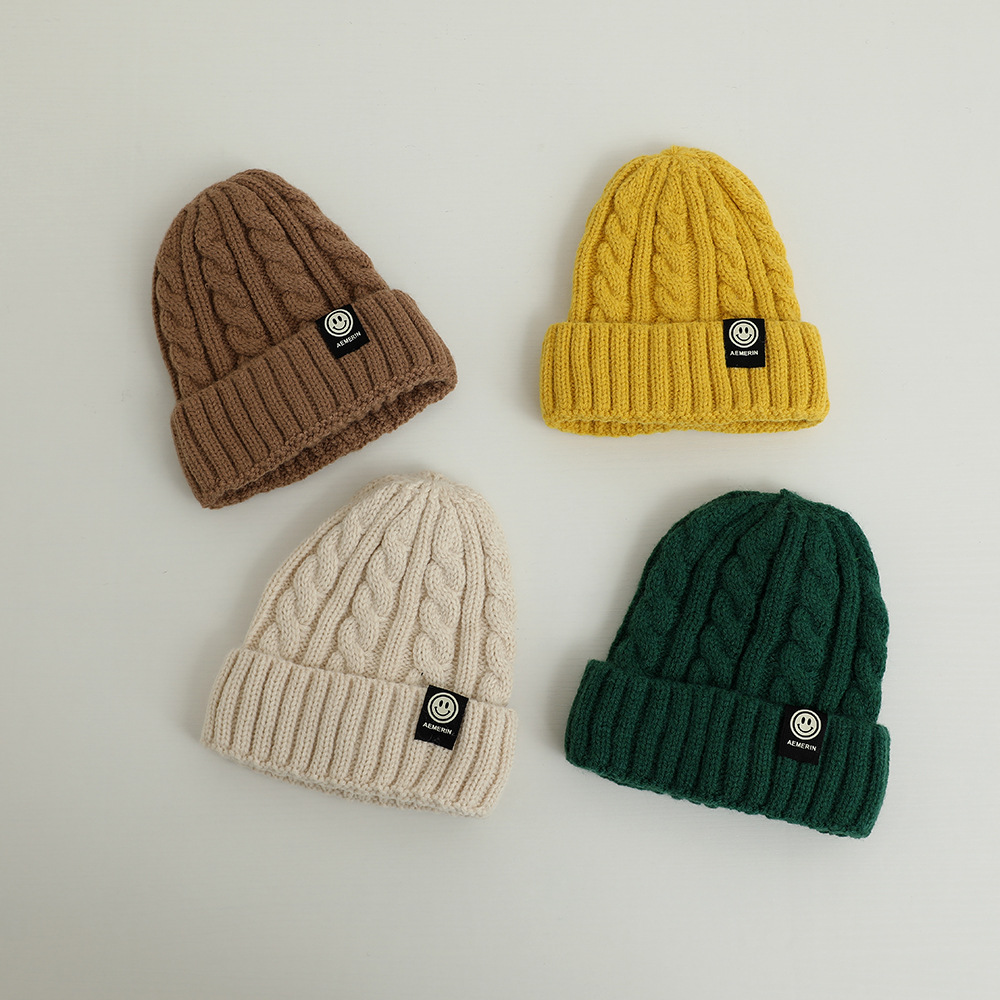 韩版儿童帽子秋冬笑脸标男孩毛线帽女孩针织帽中大童加棉保暖帽潮