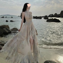 绝美小裙海边度假沙滩裙仙女飘逸挂脖连衣裙法式气质风情万种裙子