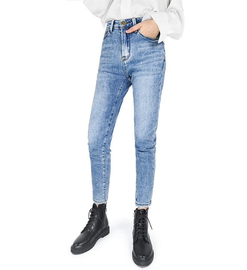 欧美fram杨幂同款浅蓝中腰显瘦 中弹修身九分牛仔裤女超柔纱无感