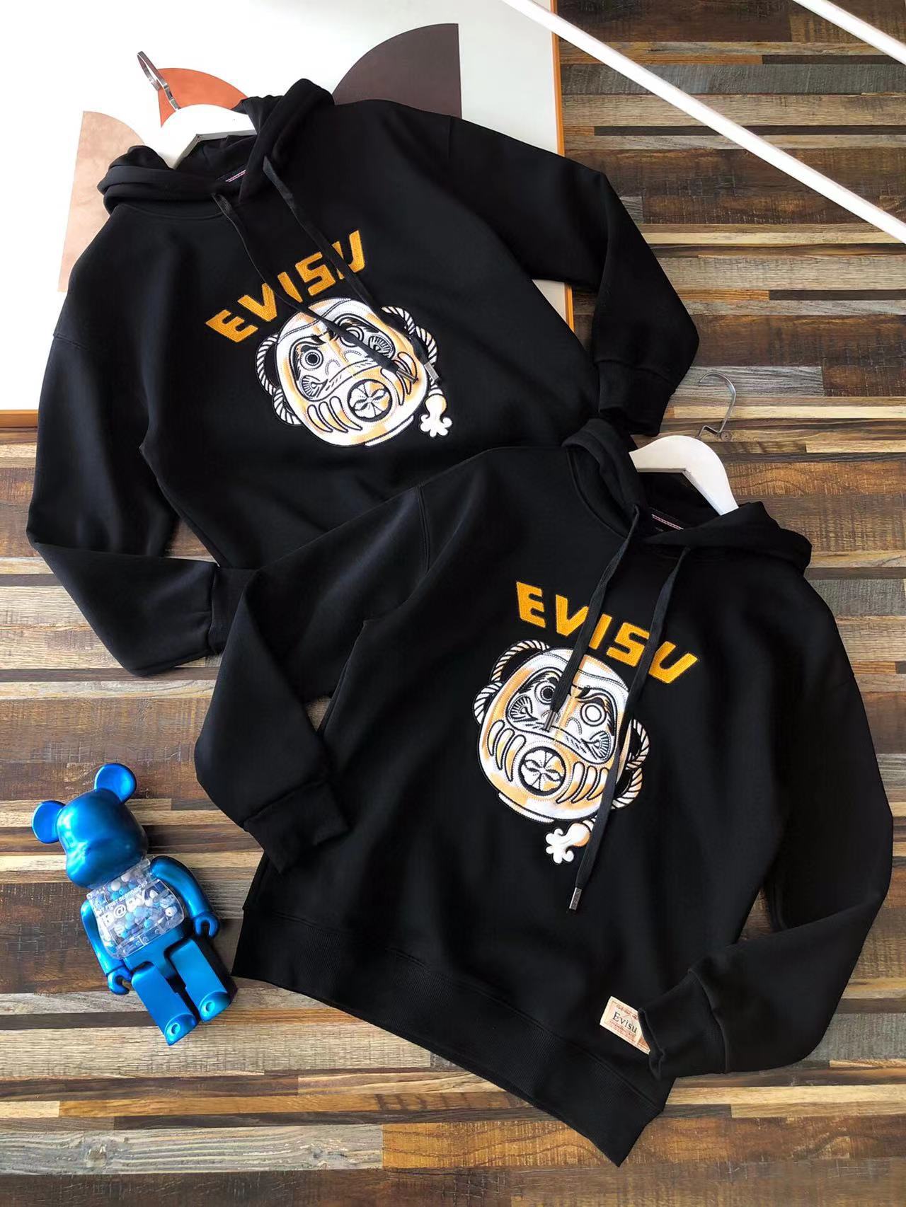 e v23款福神冬季新款男士达磨贴布刺绣连帽加绒加厚情侣款卫衣潮