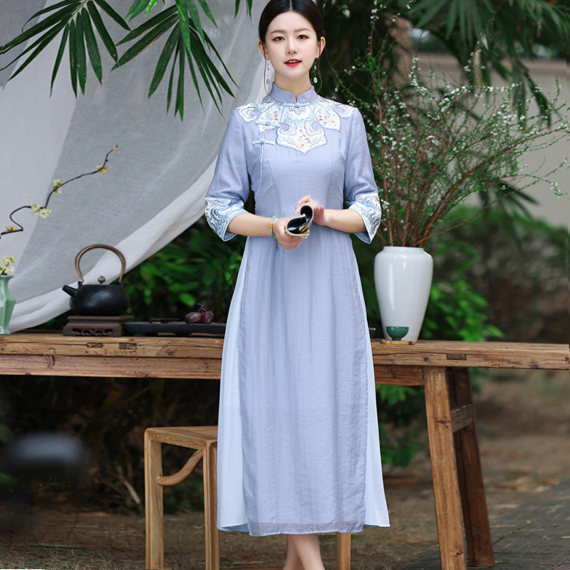 新款春夏长款天丝棉刺绣仙鹤连衣裙茶艺复古奥黛改良版旗袍裙￥230