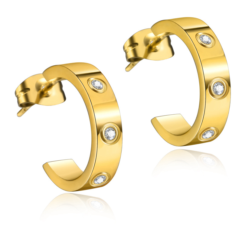 Ka Jia C- Shaped Titanium Steel Earrings Screw Fashion Earrings with Diamond in Stock 18K Color Gold in Stock Open Earrings