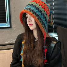 日系小众手工针织帽韩国彩色流苏毛球挂绳毛线帽网红护耳保暖帽子