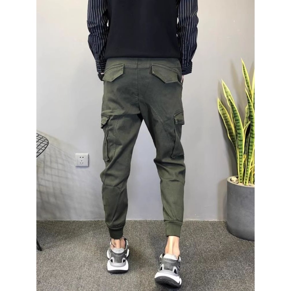 多口袋工装裤男社会小伙美式潮流痞帅炸街九分哈伦束脚修身休闲裤