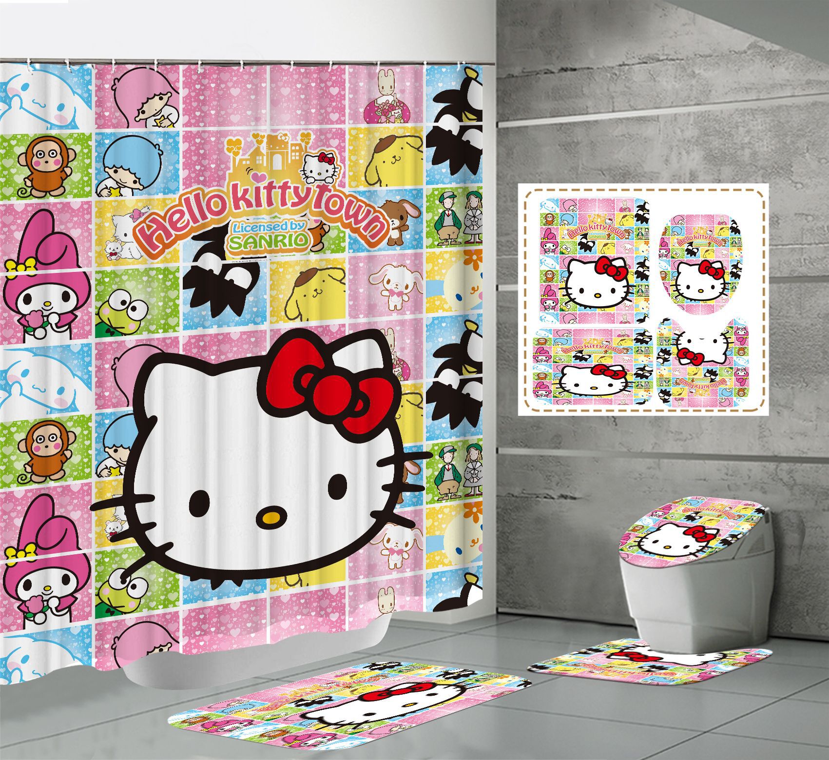 Amazon E-Commerce Hot Sale Digital Printing Waterproof and Mildew-Proof Polyester Cartoon Hello Kitty Shower Curtain Factory Direct Sales