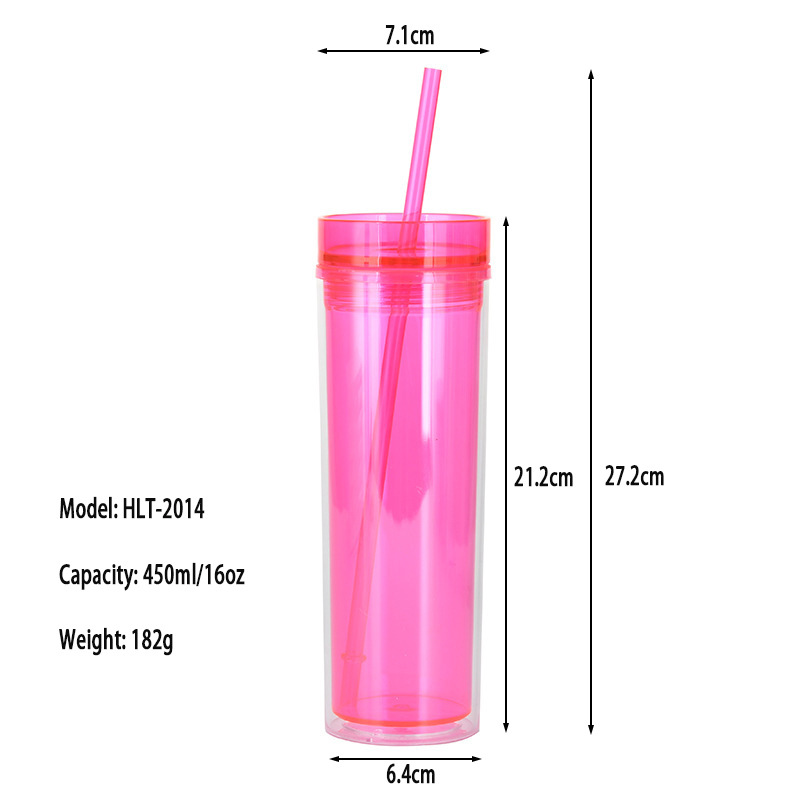 European and American Ins Style Fashion Water Cup Skinny Double-Layer Cup with Straw Transparent Tumbler with Straw Double Wall Water Bottle