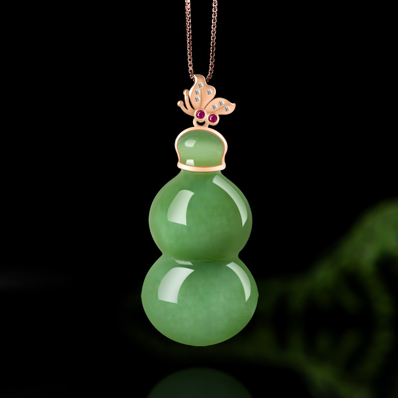 猫眼菠菜绿和田玉碧玉葫芦吊坠正品18k玫瑰金天然玉石挂件男女款