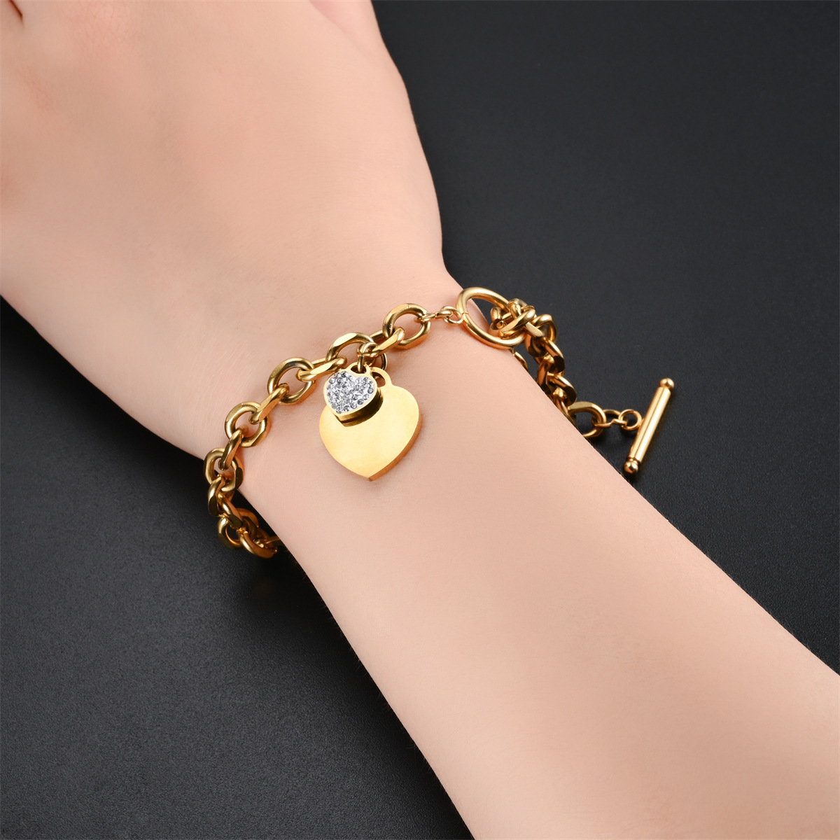 2022 New European and American Fashion Exclusive for Cross-Border Peach Heart Mud Diamond Ot Heart Bracelet Source Manufacturer Quantity Discount