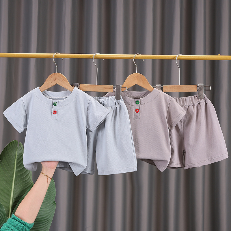 童装男童女宝宝短袖夏款套装儿童棉麻纽扣短袖t恤短裤薄款两件套