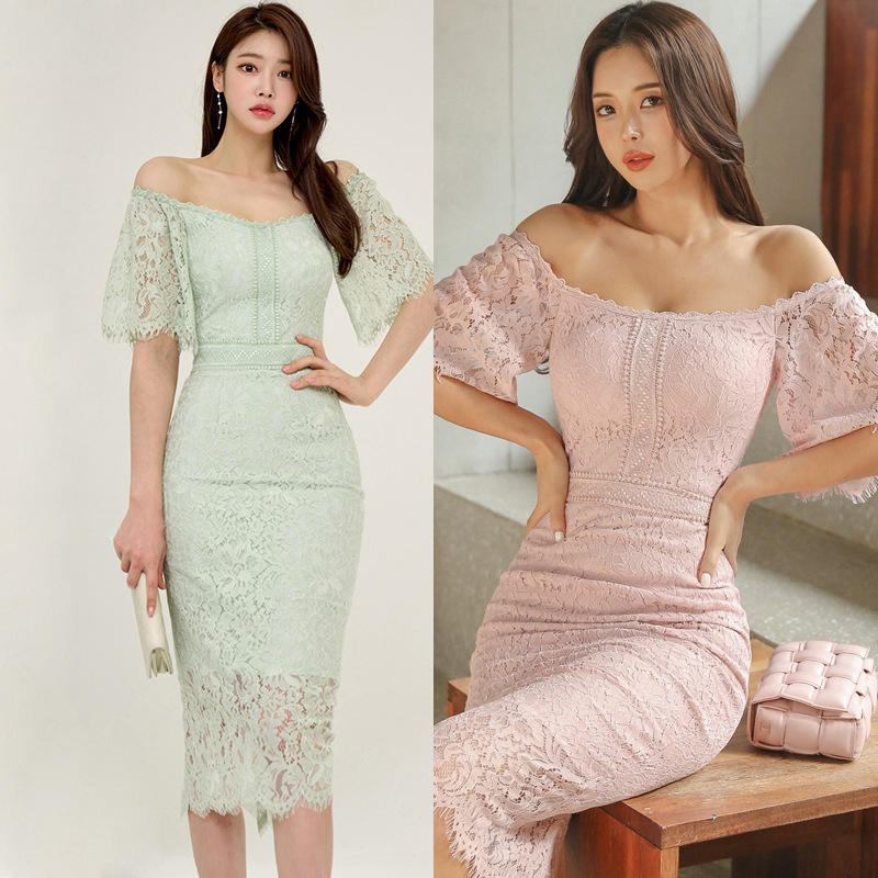 一字领蕾丝礼服女2022夏装新款宴会气质小性感露肩修身包臀连衣裙